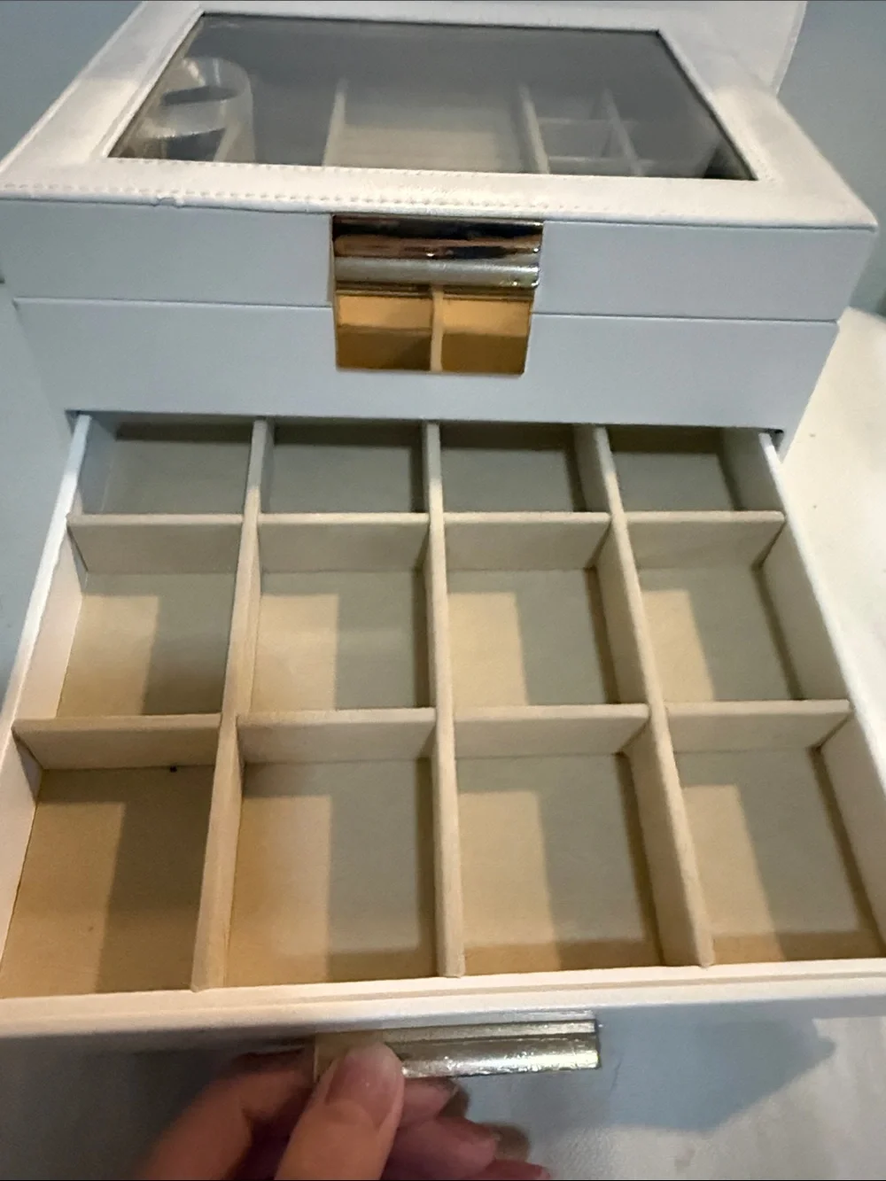White Jewelry Organizer Box with Glass Top and Gold Accents